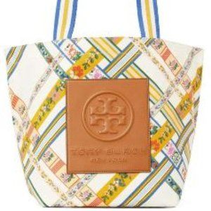 NWT Tori Burch Gracie Printed Canvas Tote (Aviation Ribbon Stripe)